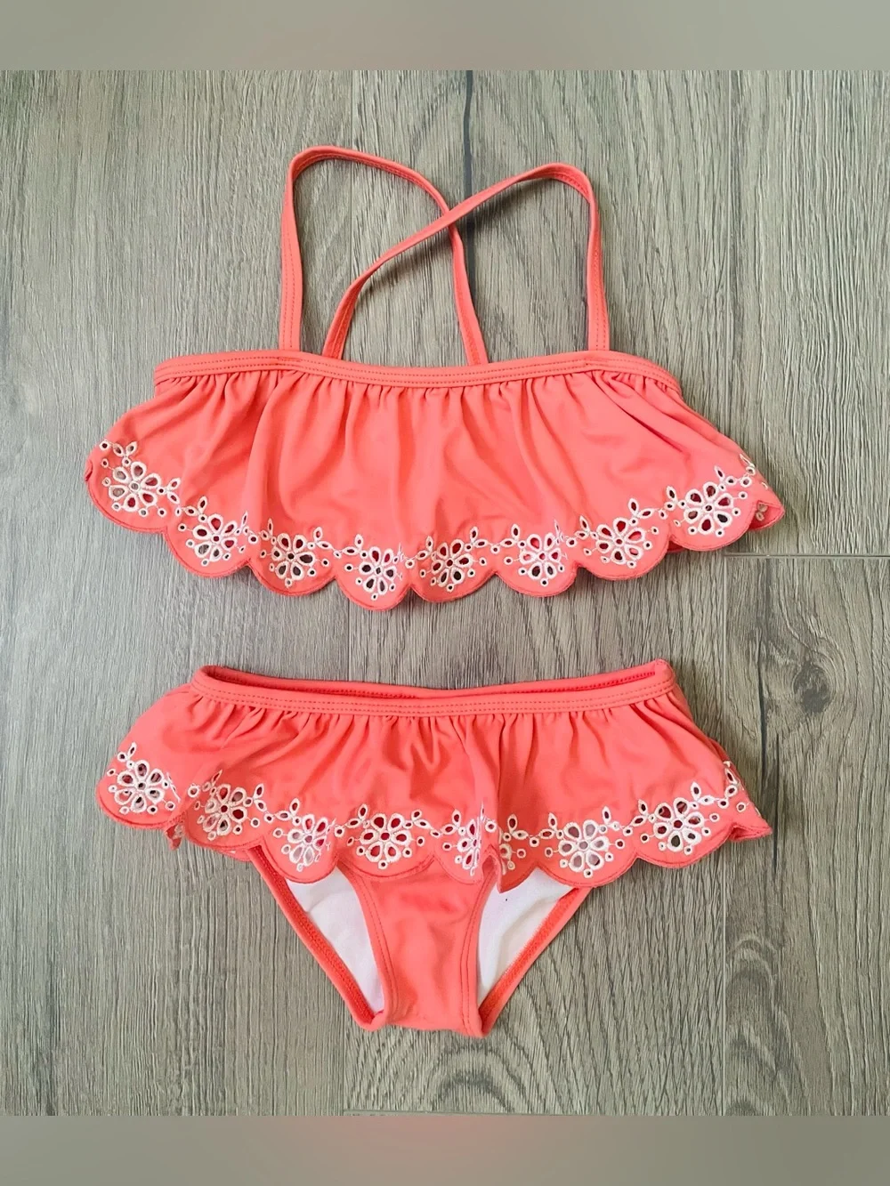 Janie And Jack Toddler Girl Bikini Swimsuit 4 Coral Eyelet Scallops Summer Beach